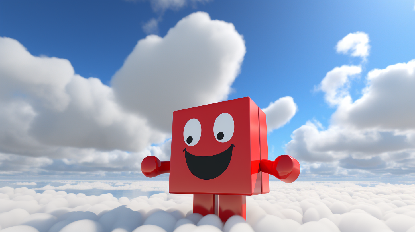 Happy red Roblox character in cloudy sky