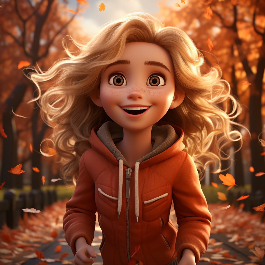 Blonde woman running on fall road in Pixar style