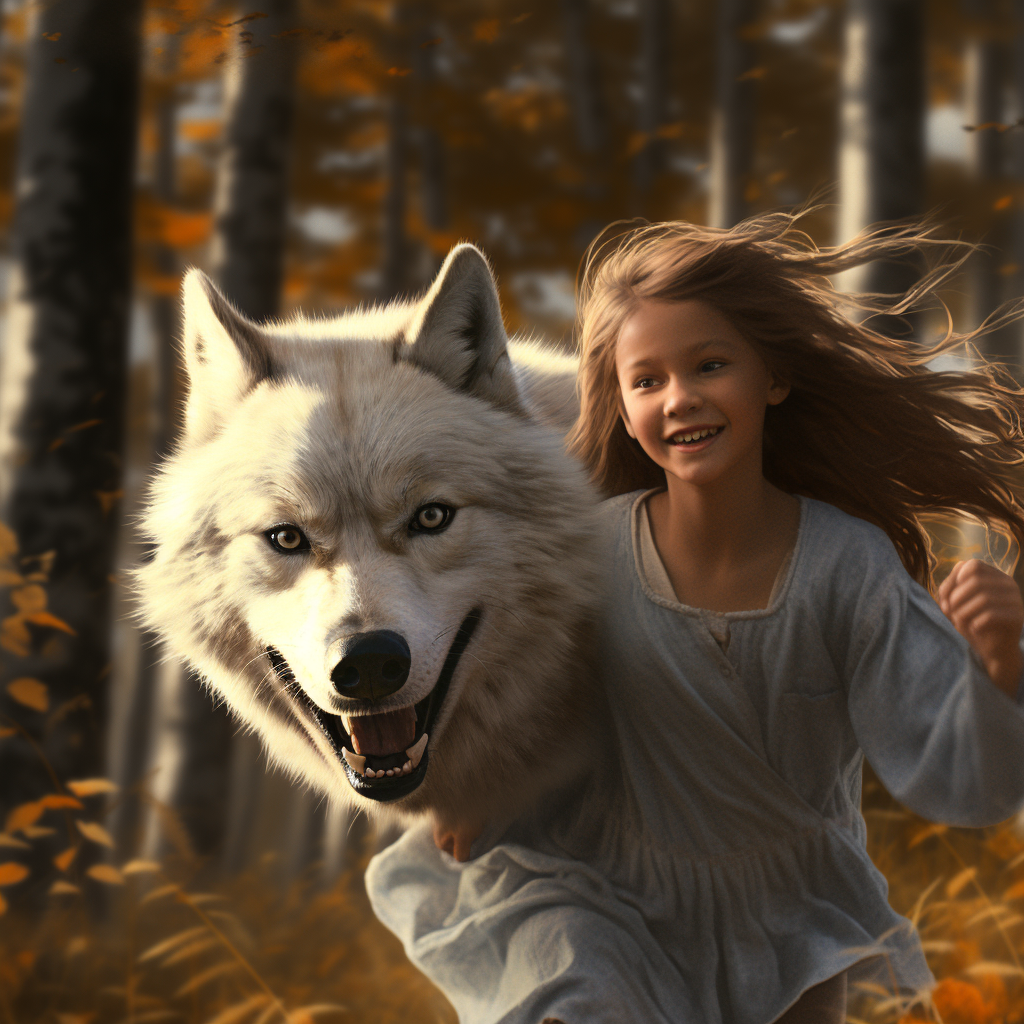 Girl running happily with wolf in forest