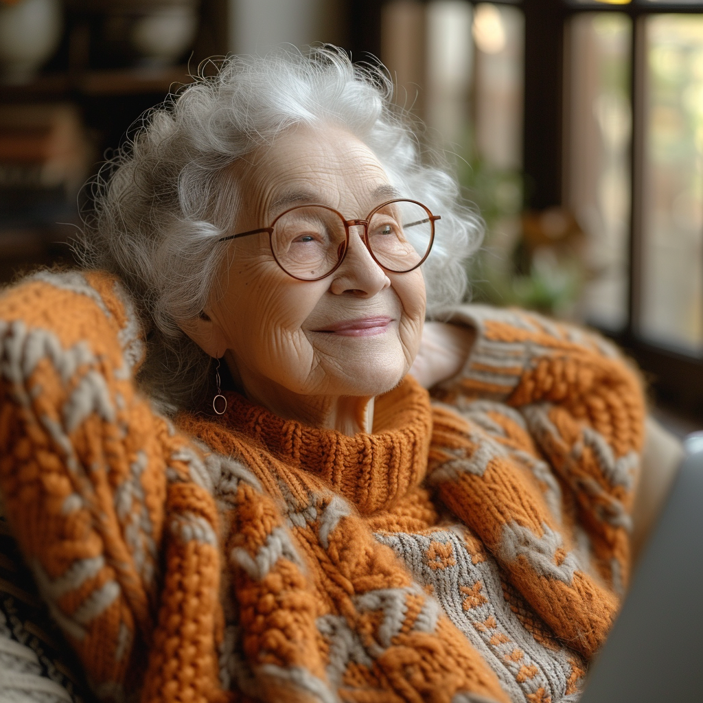 Happy senior woman stretching at home