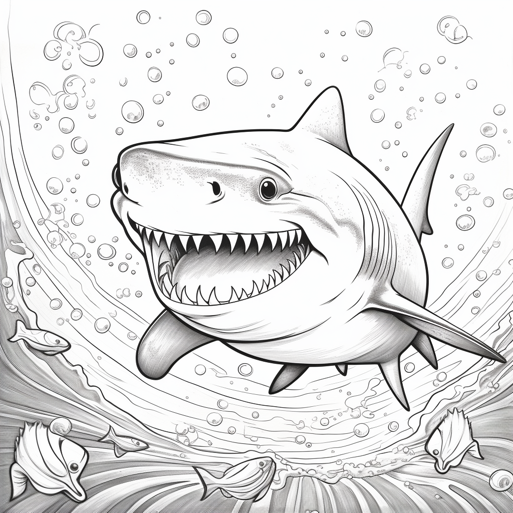 Black and white coloring book image of a happy shark wearing swim trunks