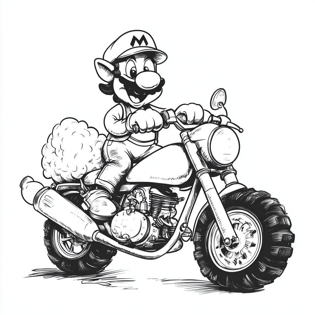 happy sheep driving mario motorcycle with yoshi beside it