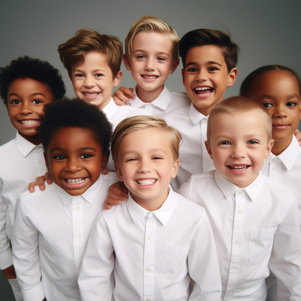 Smiling kids in white shirts