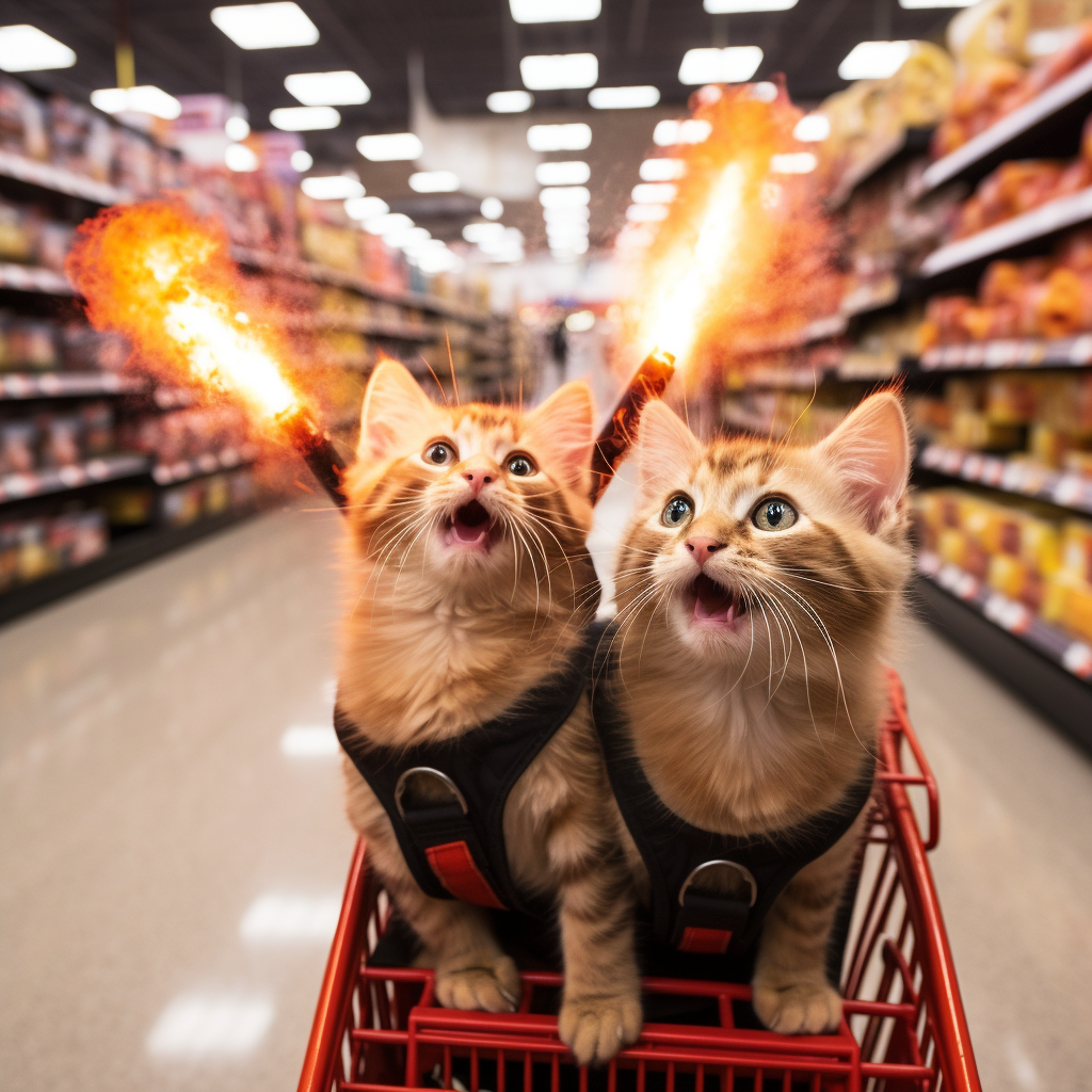 Happy kittens with flamethrowers causing Halloween mayhem