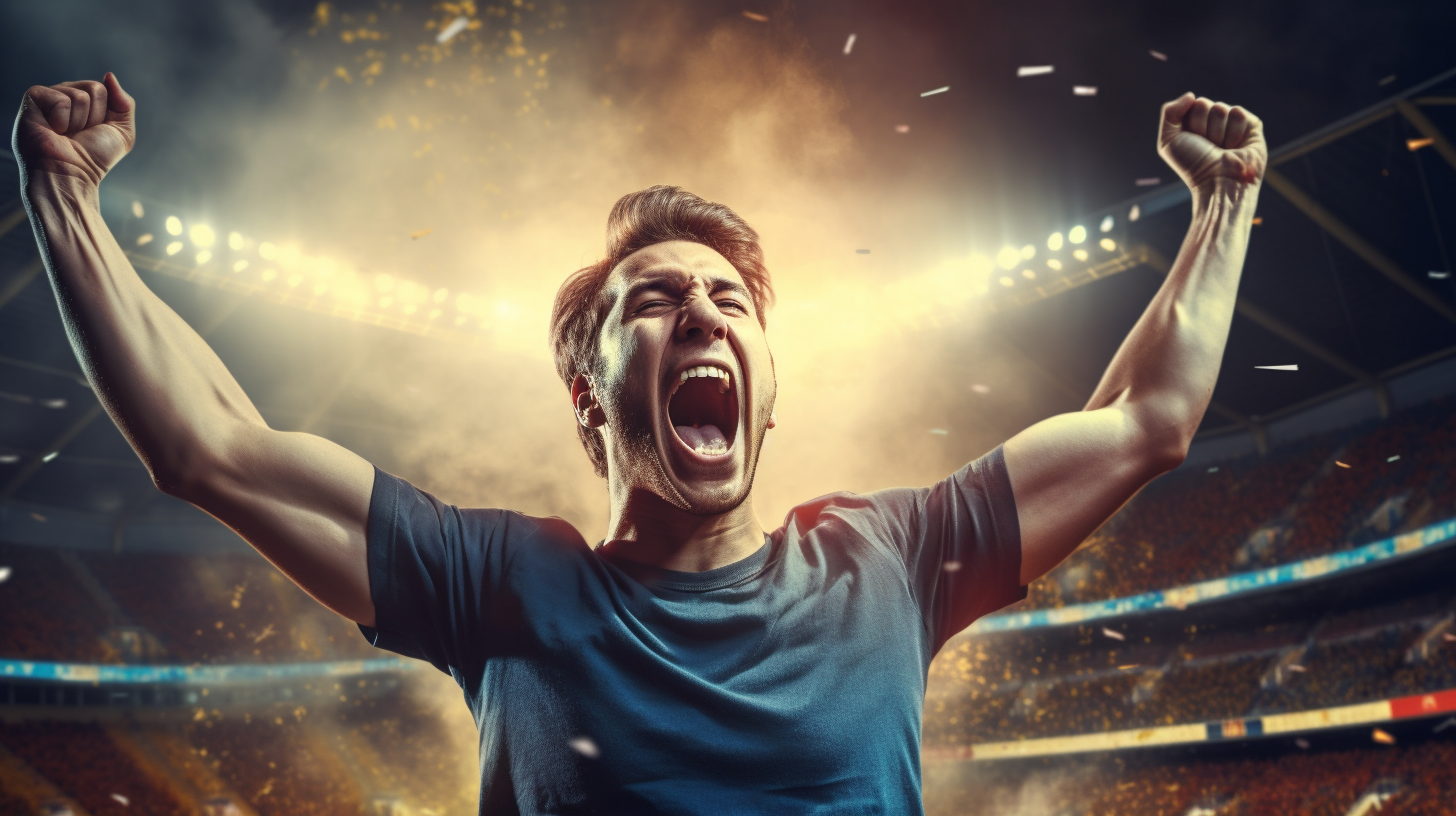 Happy Soccer Player Celebrating Goal in Stadium