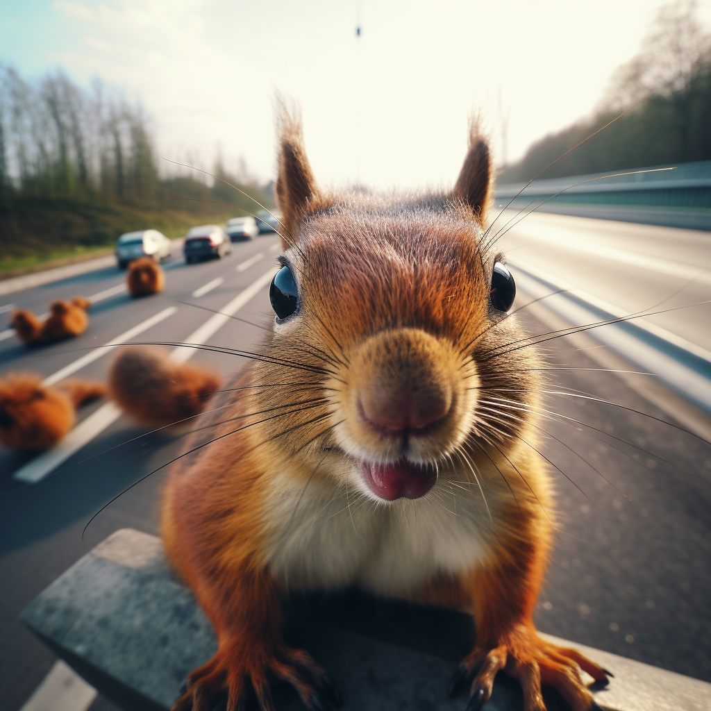 A happy squirrel with a motorway in the background