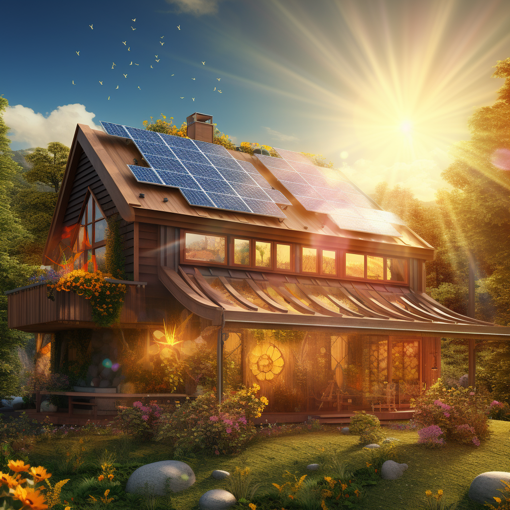 Sun shining on home with solar panels