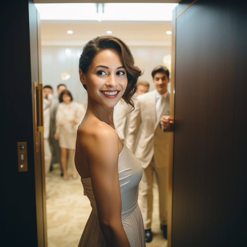 Woman entering wedding proposal hotel room