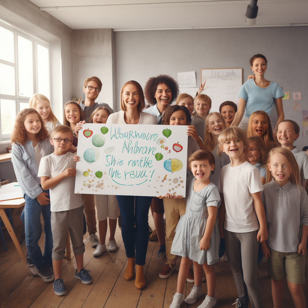 Happy teachers and childrens with white banner in classroom