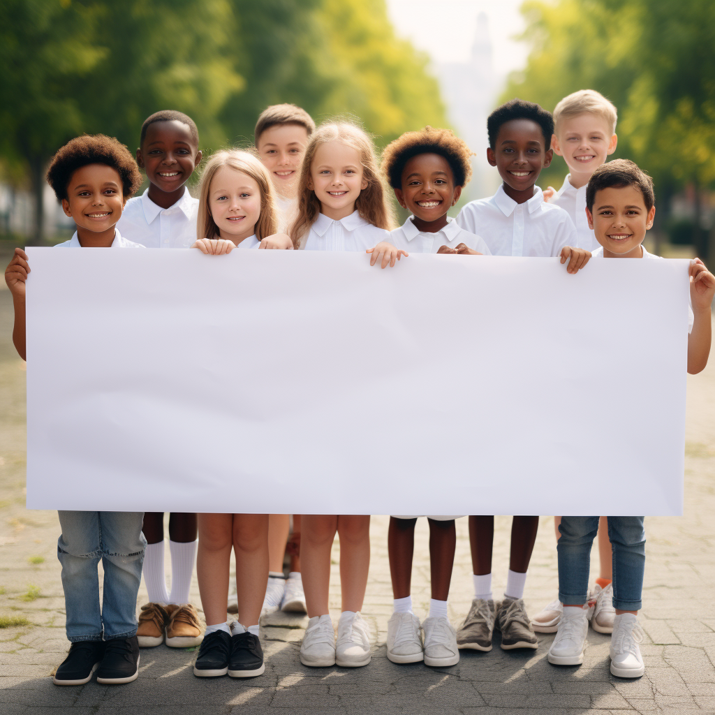 Happy teachers and childrens holding banner