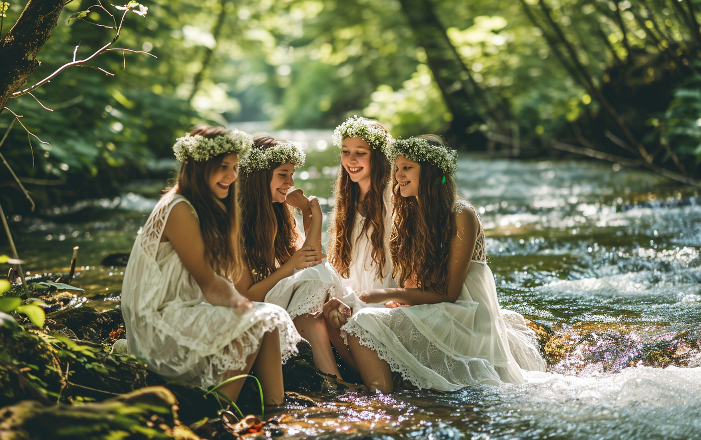 Group of happy teen girls in white dresses and flower crowns