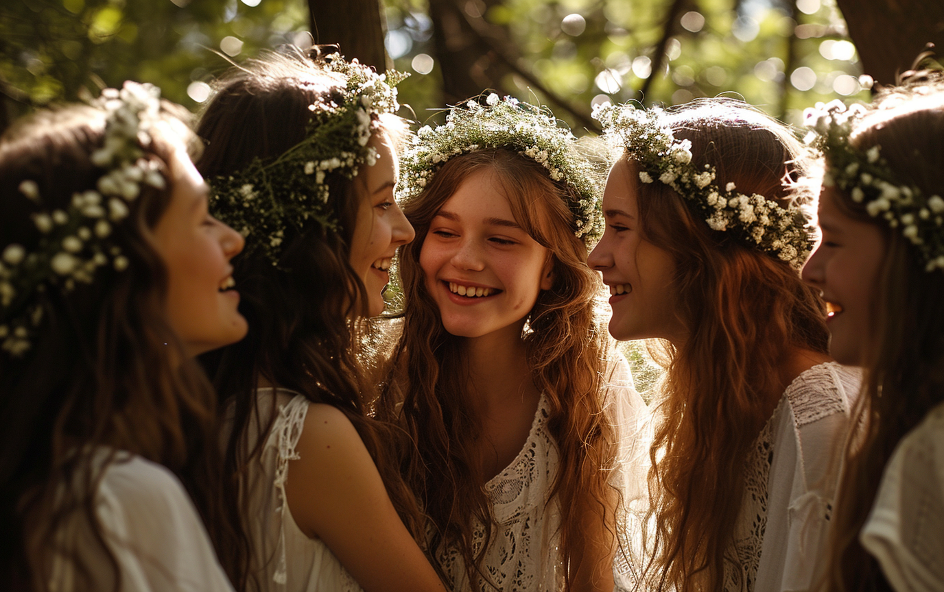 Group of Happy Teen Girls in Forest with Flower Crowns