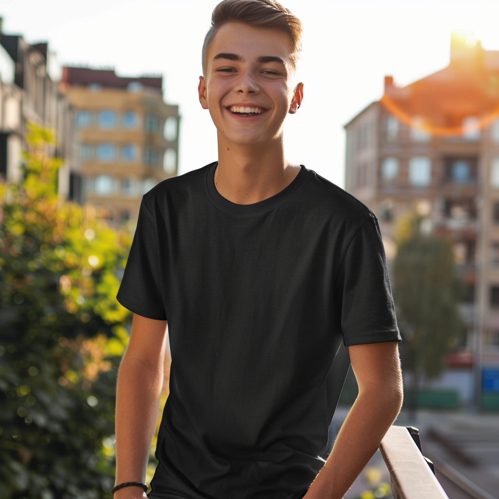 Smiling Teenager Black T-Shirt Mockup