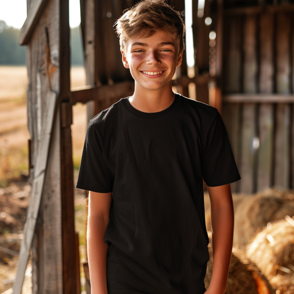 Smiling happy teenager in black t-shirt mockup