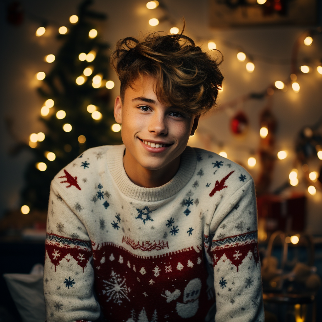 Teenager holding object with Christmas sweater