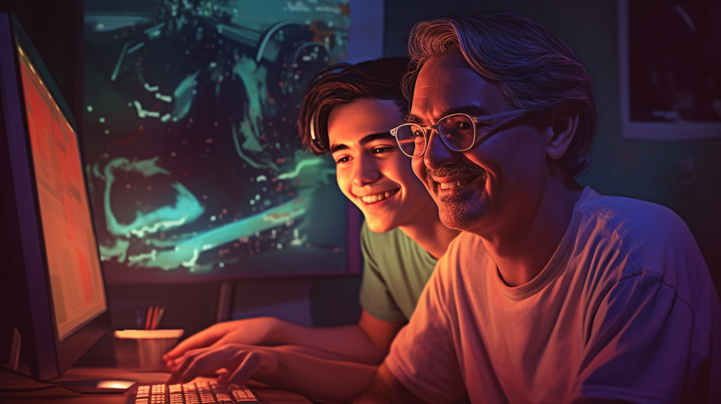 Teenager and Dad Playing Computer Happily