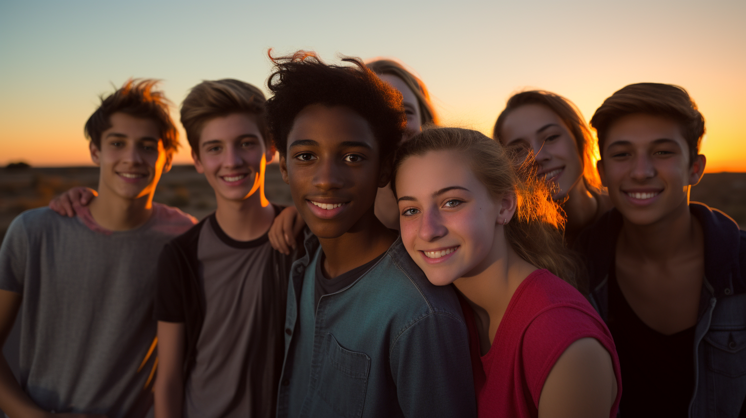 Group of happy teenagers watching movie outdoors