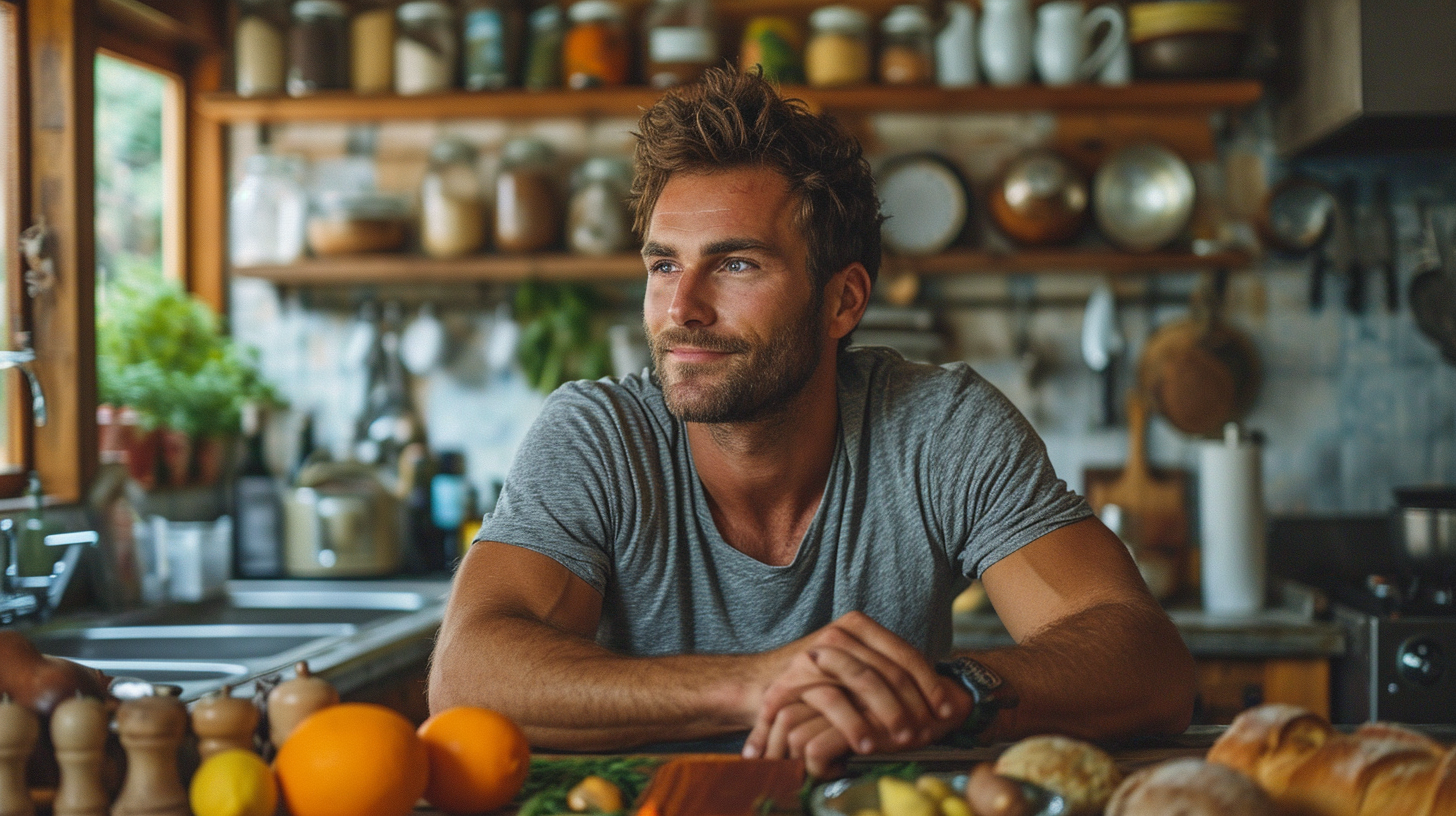 Mixed race man in British kitchen