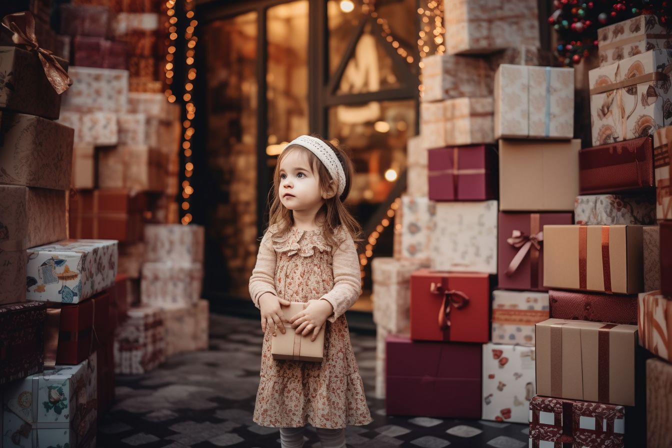 Happy toddler girl with gift boxes