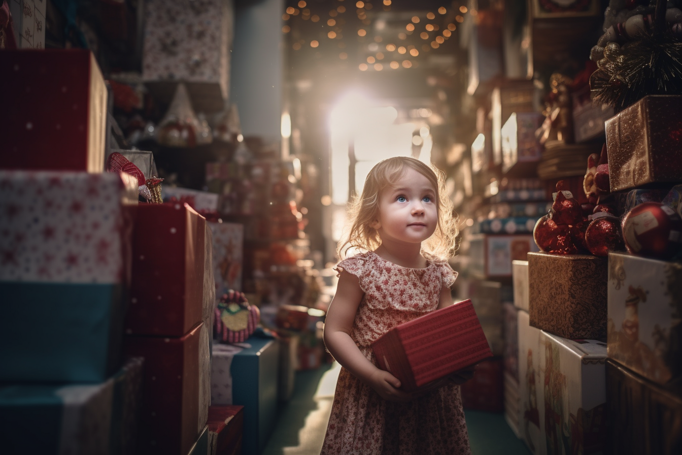 Smiling toddler girl holding Christmas gift boxes