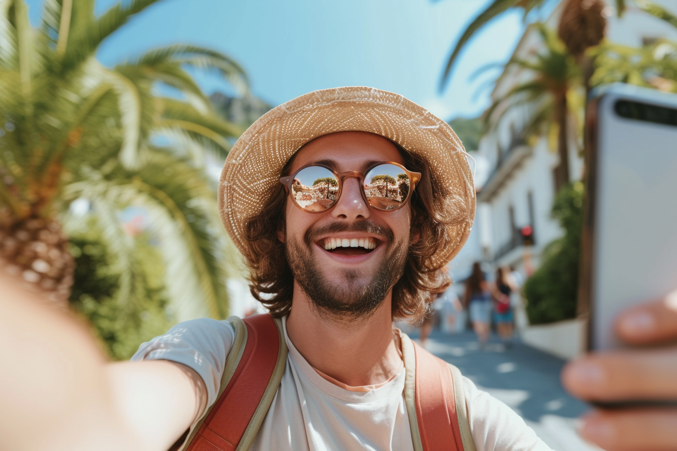 Happy tourist taking self portrait on summer vacation