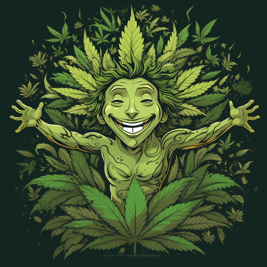 Happy trippy character with hemp leaves