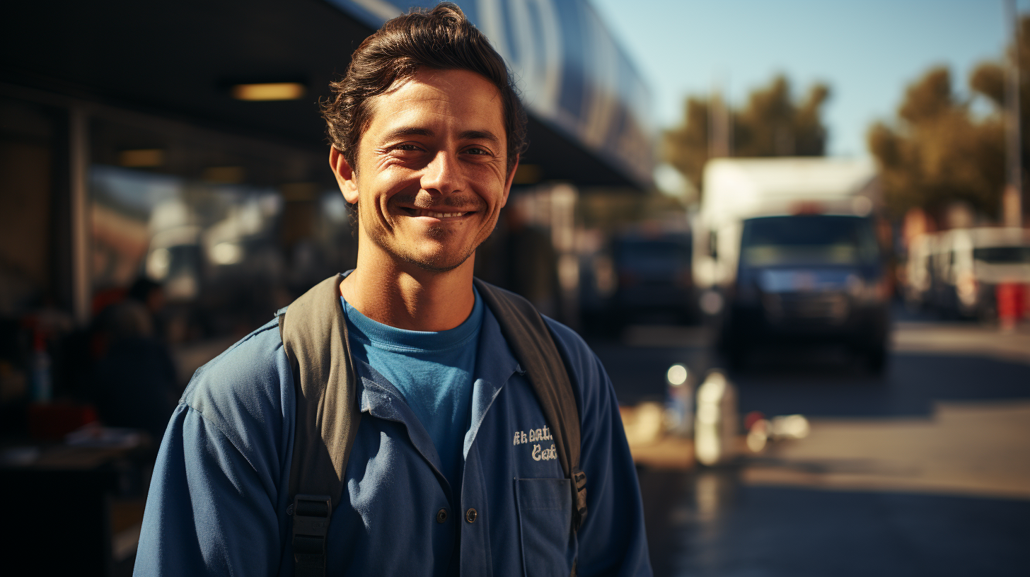 Happy truck driver at blue trailer gas station