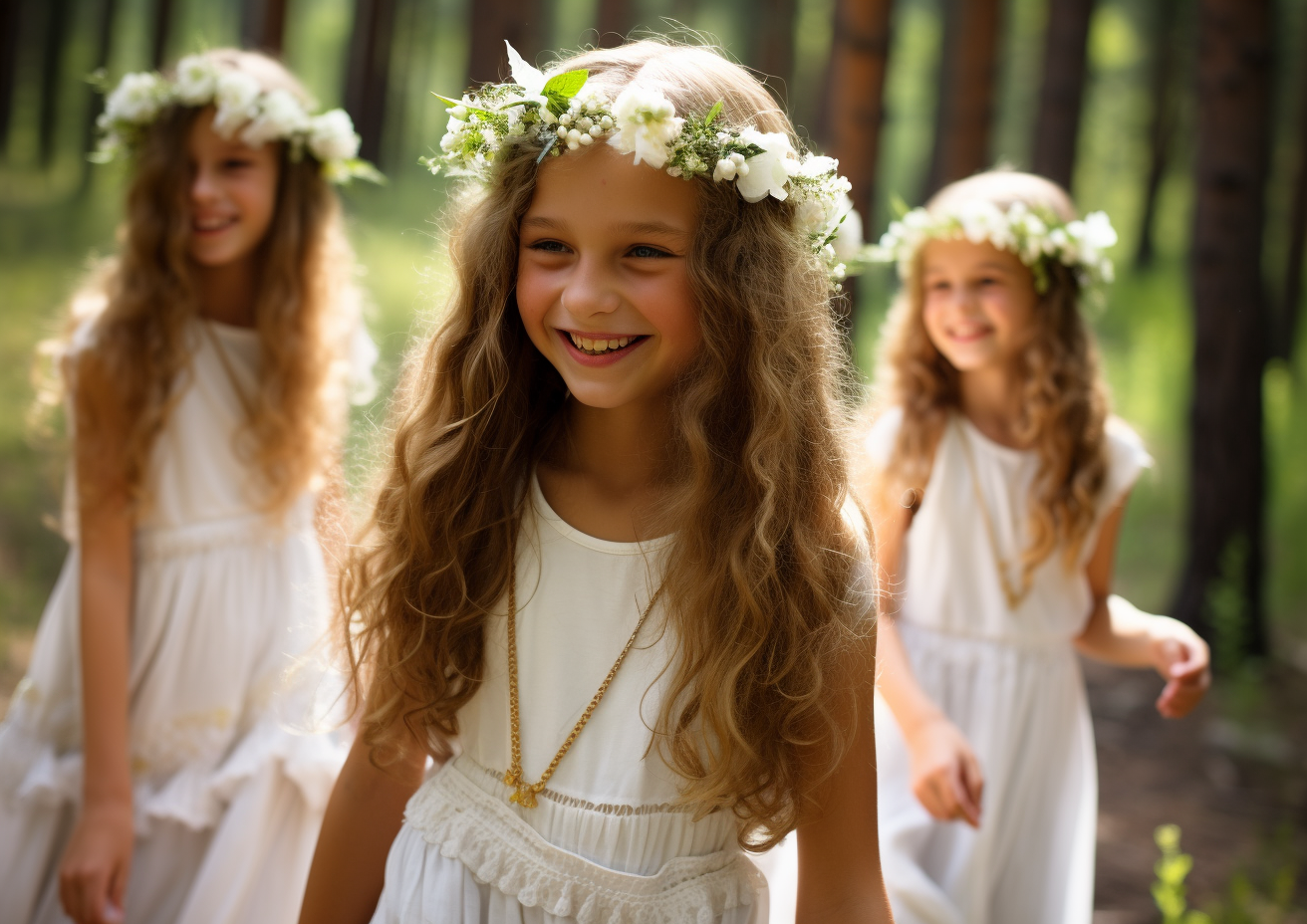 Smiling girls wearing white dresses and flower crowns