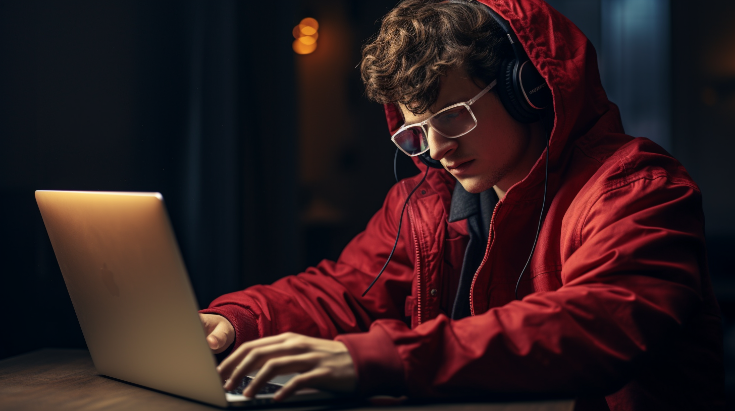 Smiling visually impaired person using a laptop