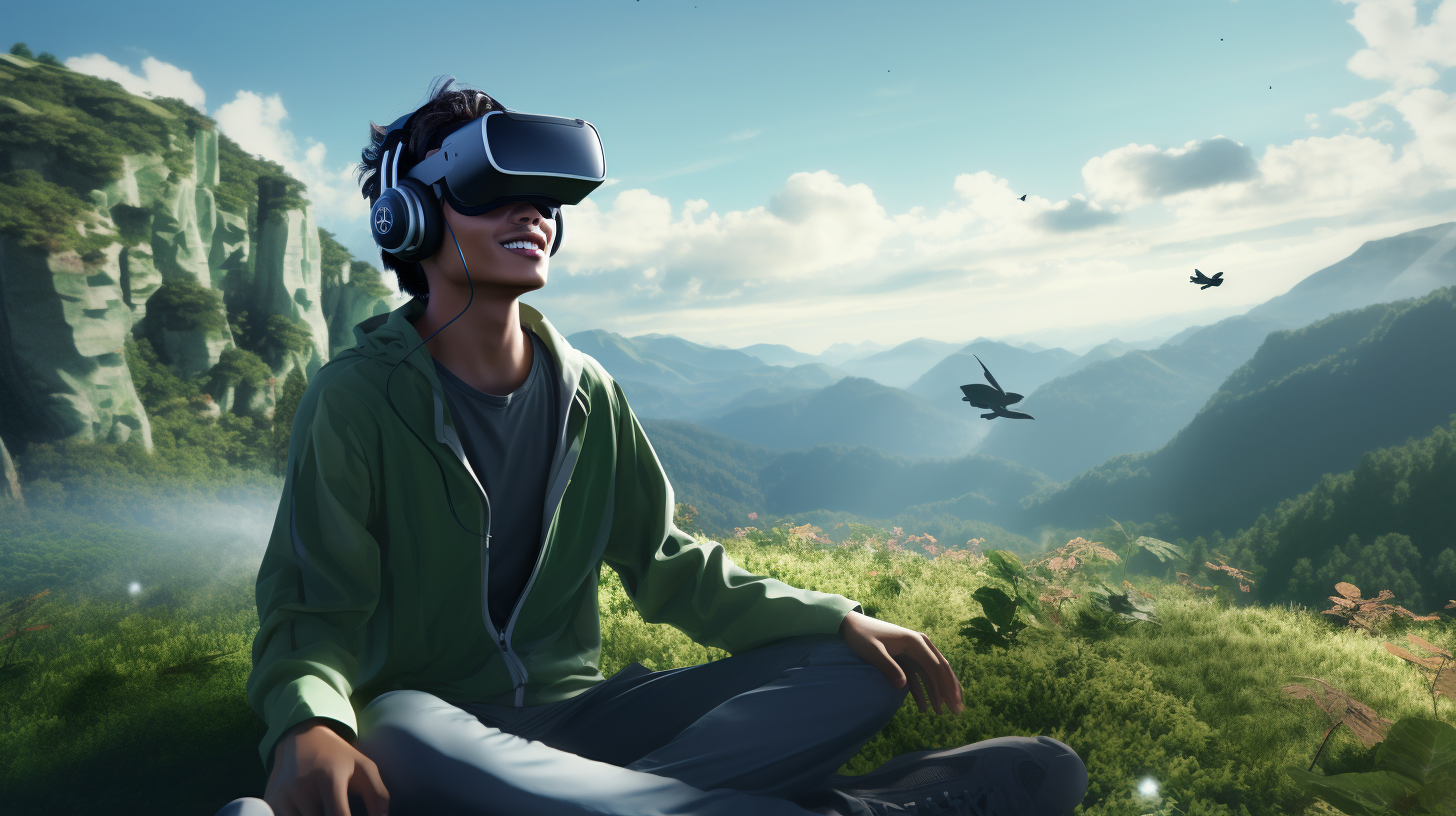 Man in VR headset in green mountains