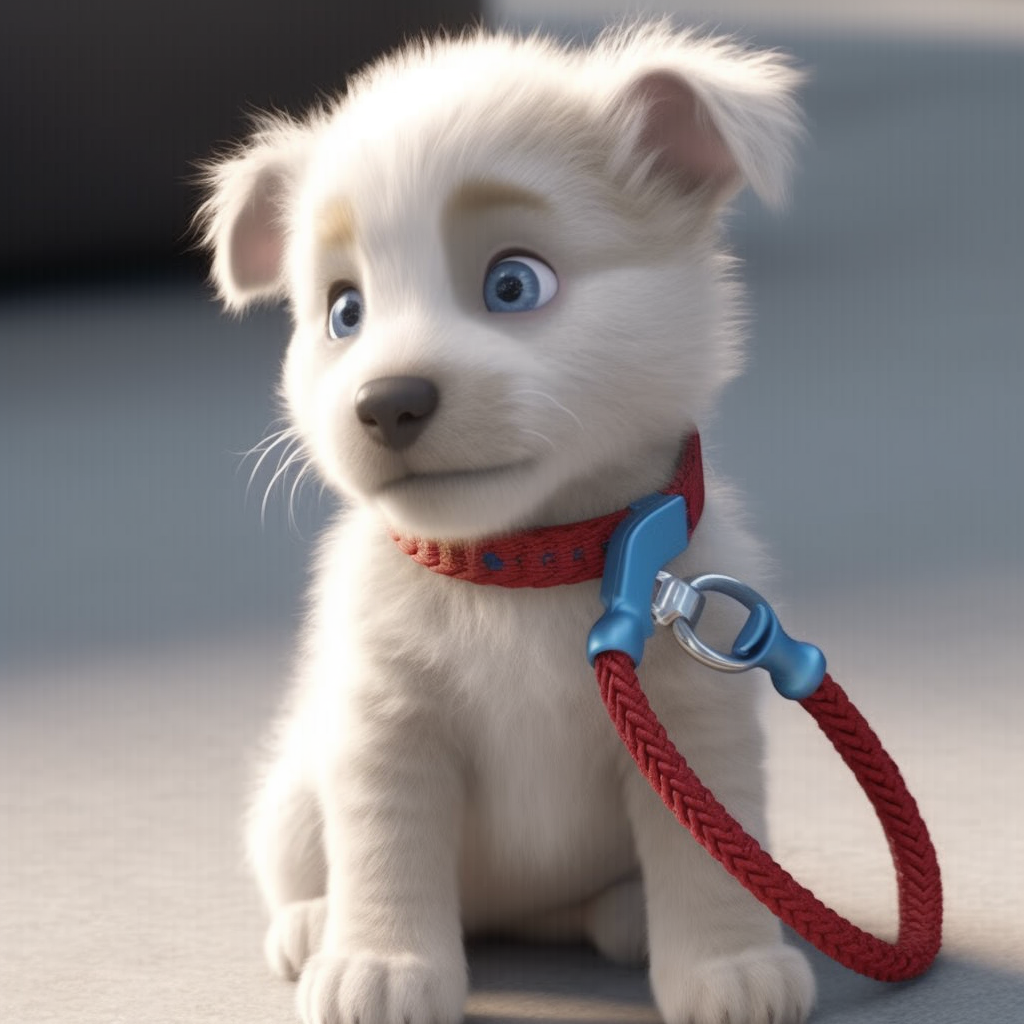 Cute white and gray puppy with blue eyes and red leash