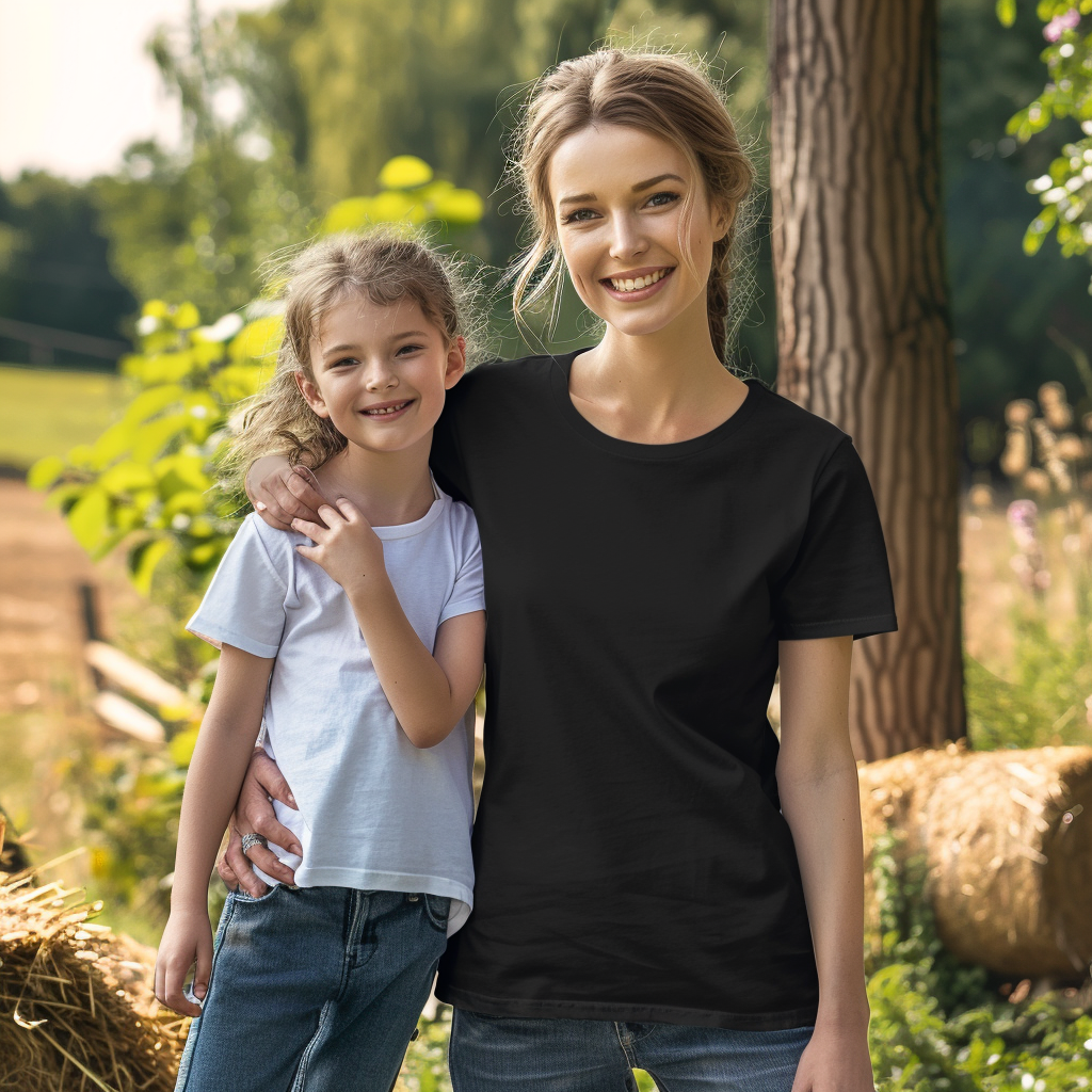 Happy woman black t-shirt daughter mockup