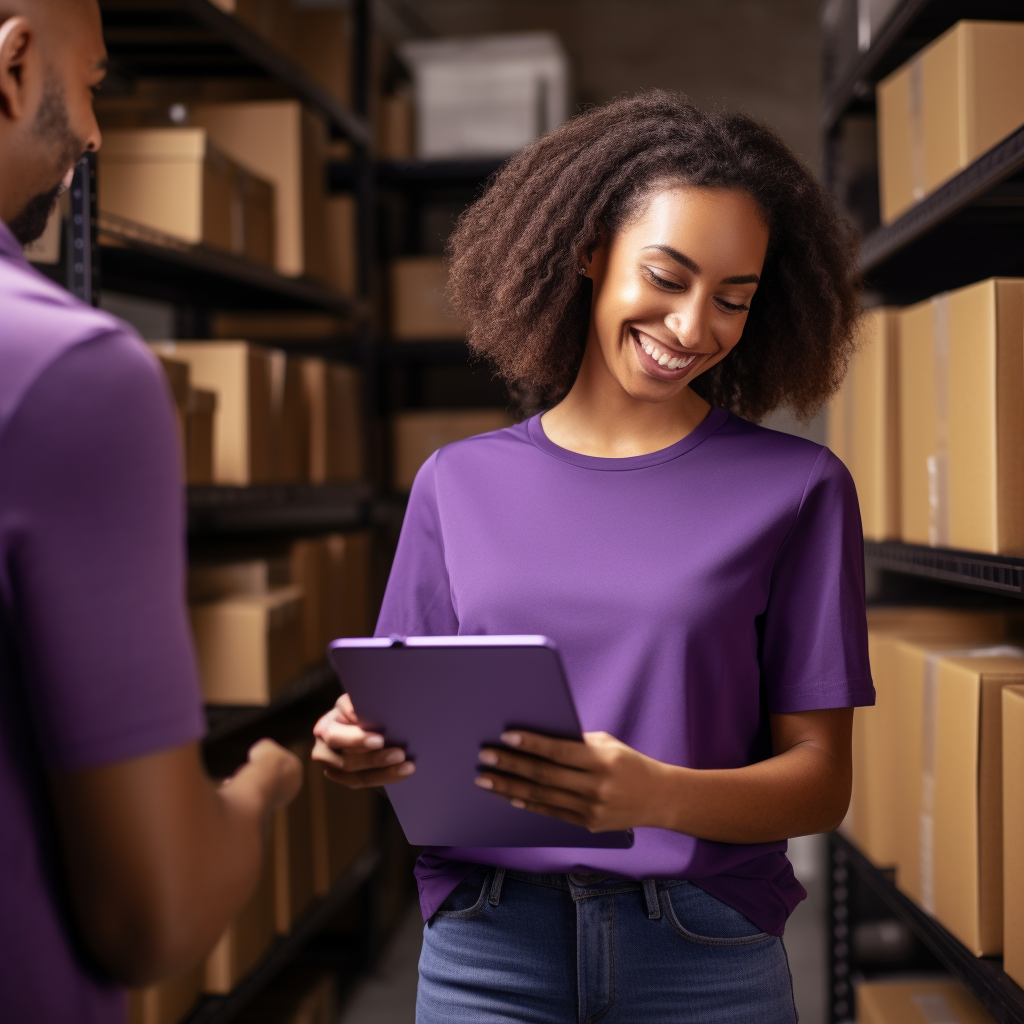 Happy woman checking ecommerce stock