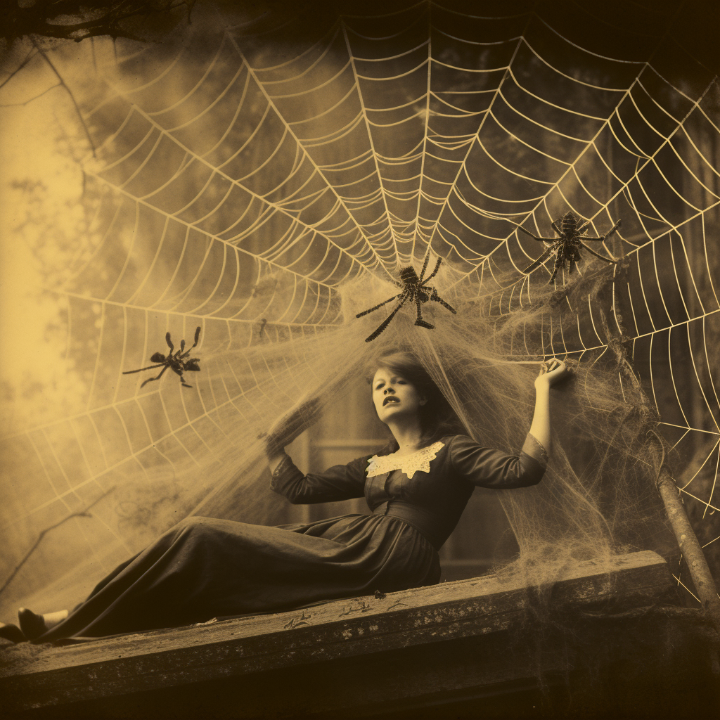 Happy woman lighting a cigarette in spider web