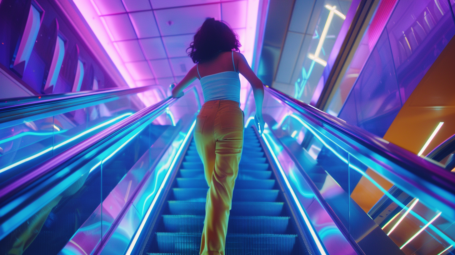 Woman climbing escalator mall colors