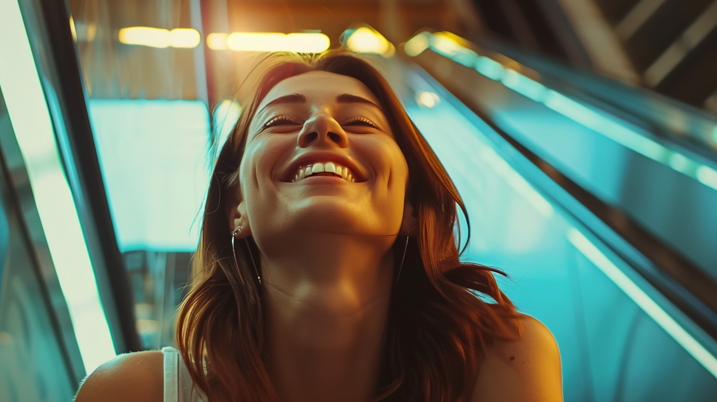 Happy woman on escalator in vibrant colors