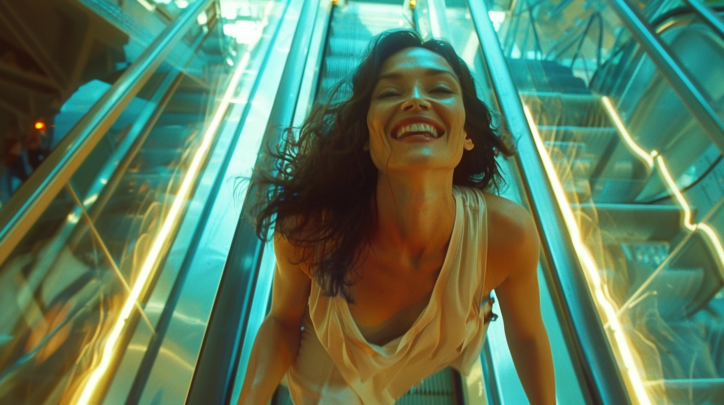 Woman Climbing Bright Escalator