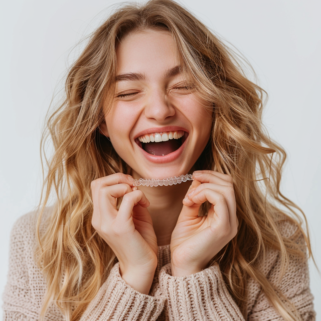 Happy Woman with Dental Aligners