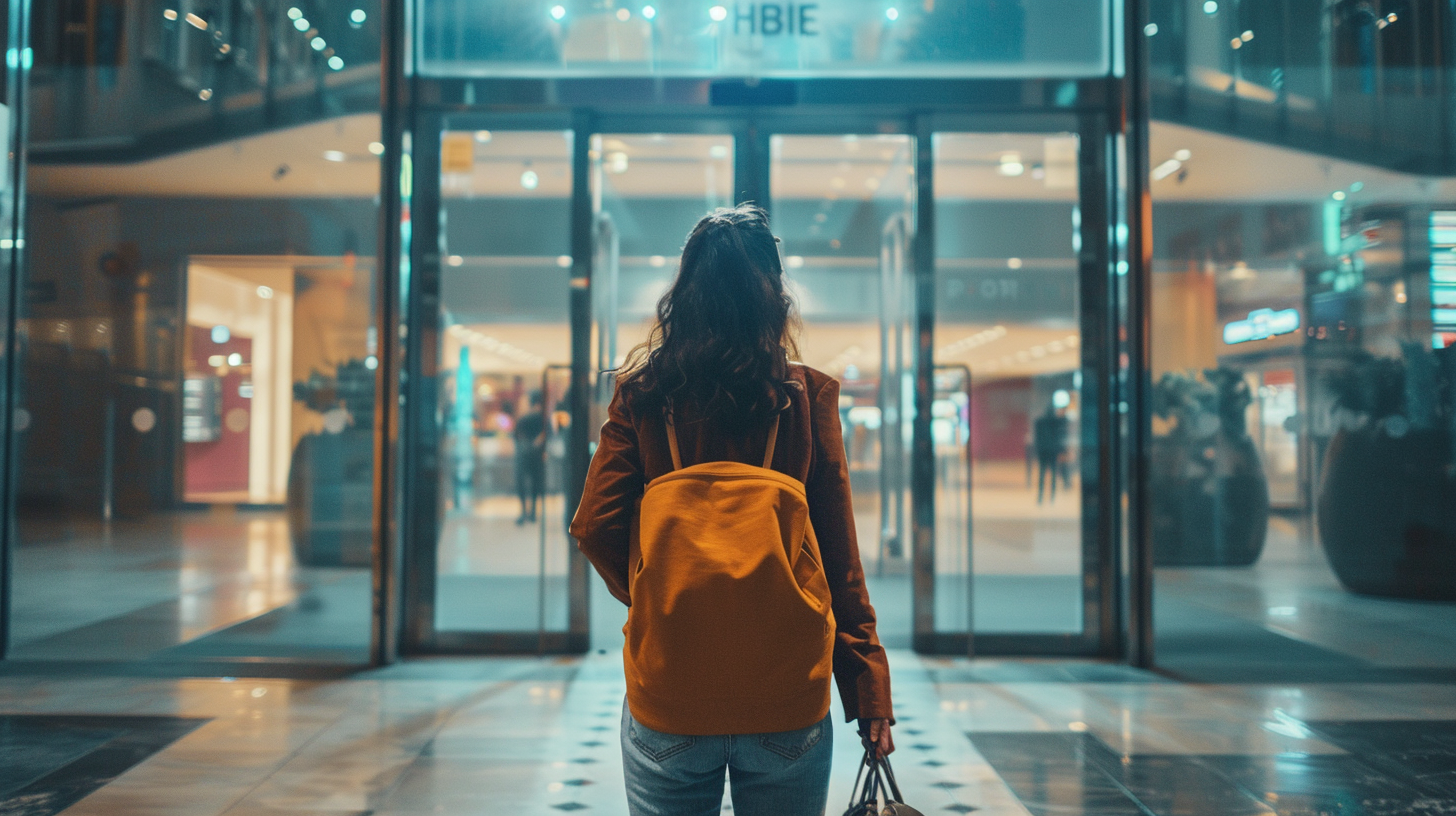 Happy woman mall door entrance