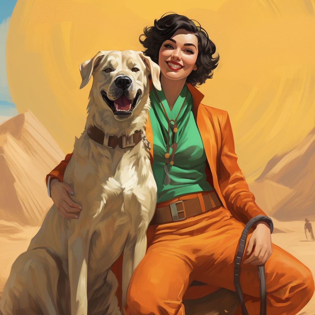 Smiling woman petting a brown Anatolian Shepherd