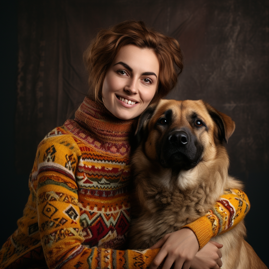 Happy woman petting brown Anatolian Shepherd dog