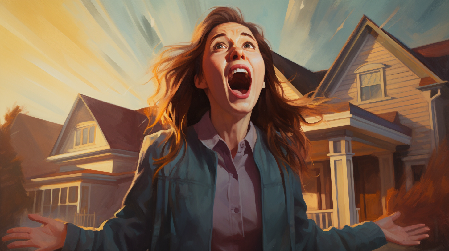 Woman shouting happily towards house