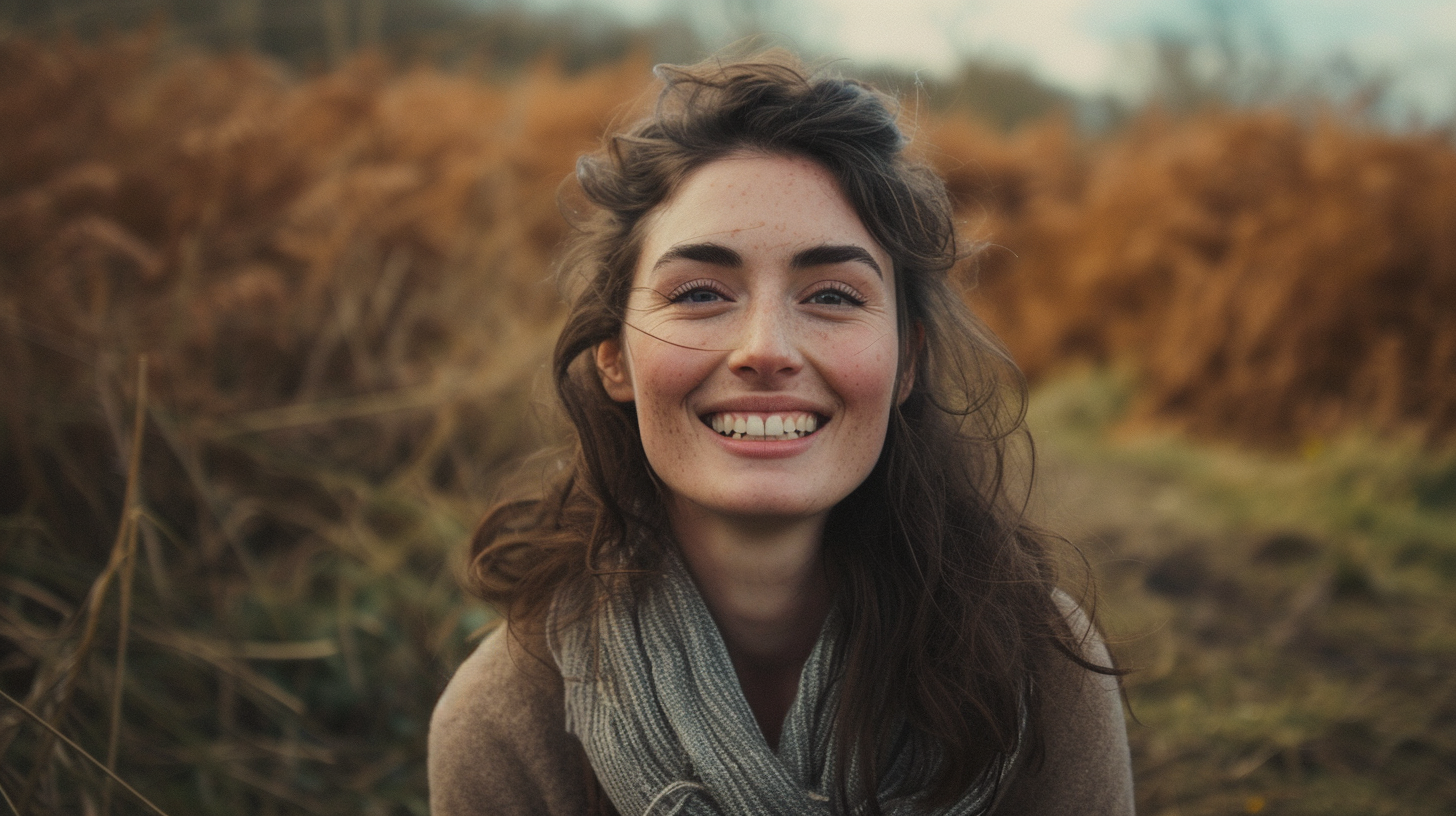 Happy woman with blemishes smiling at camera