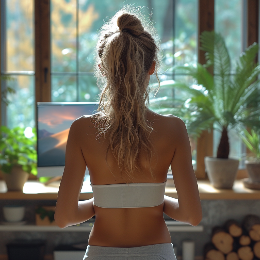 Happy Woman Stretching Exercises Laptop Home