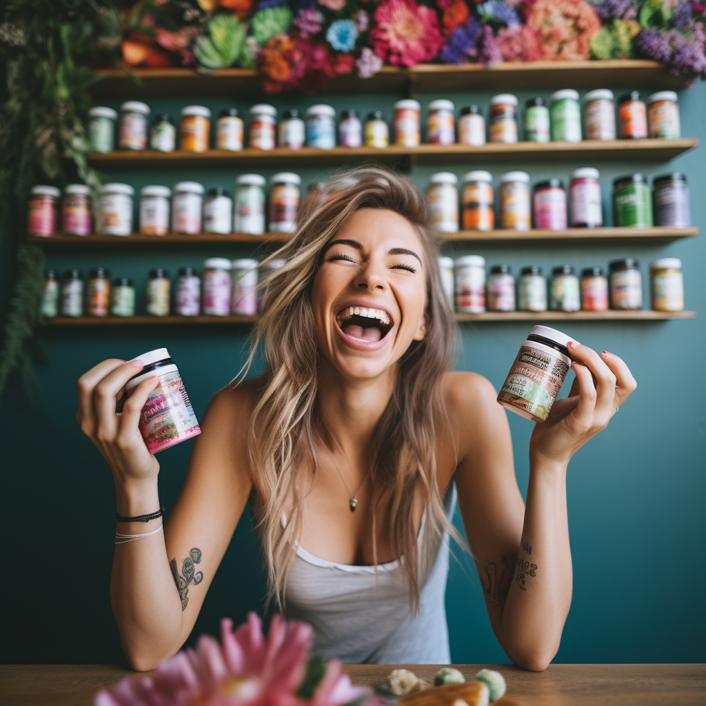 Happy woman with vegan supplements