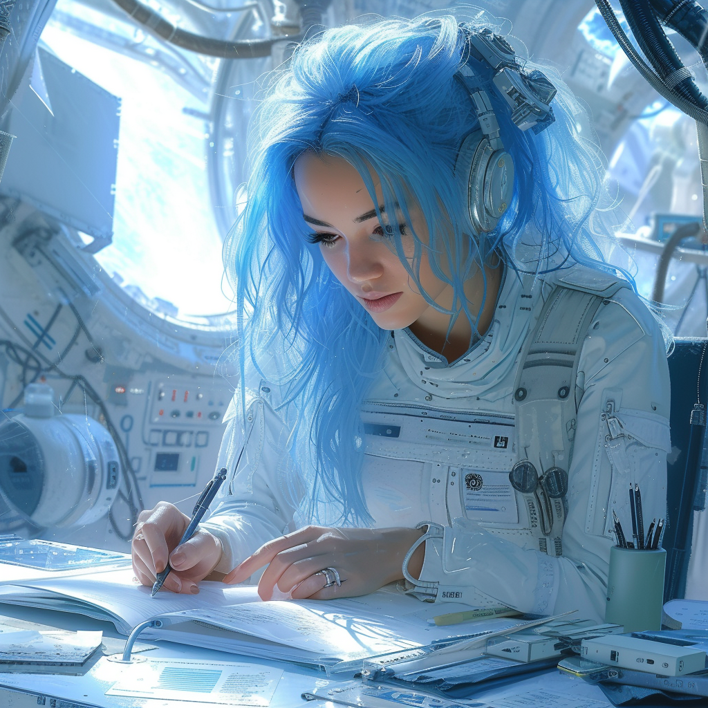 Happy woman writer with blue hair and skin in space ship