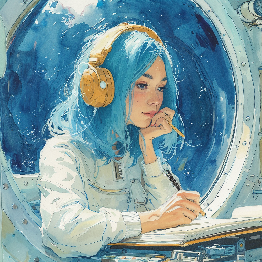 Happy woman writer with blue hair in a space ship