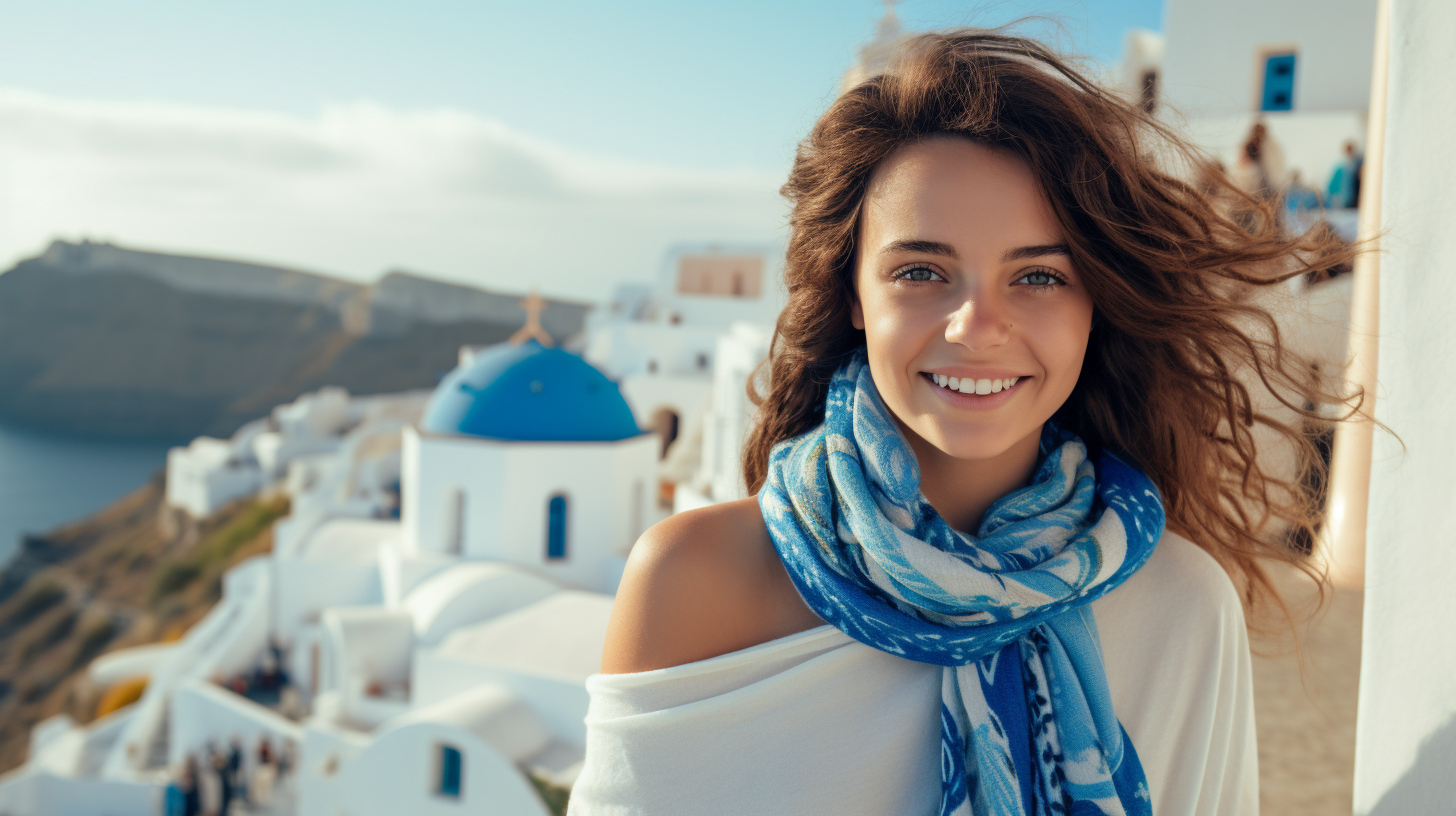 Happy woman with blue scarf on Santorini vacation