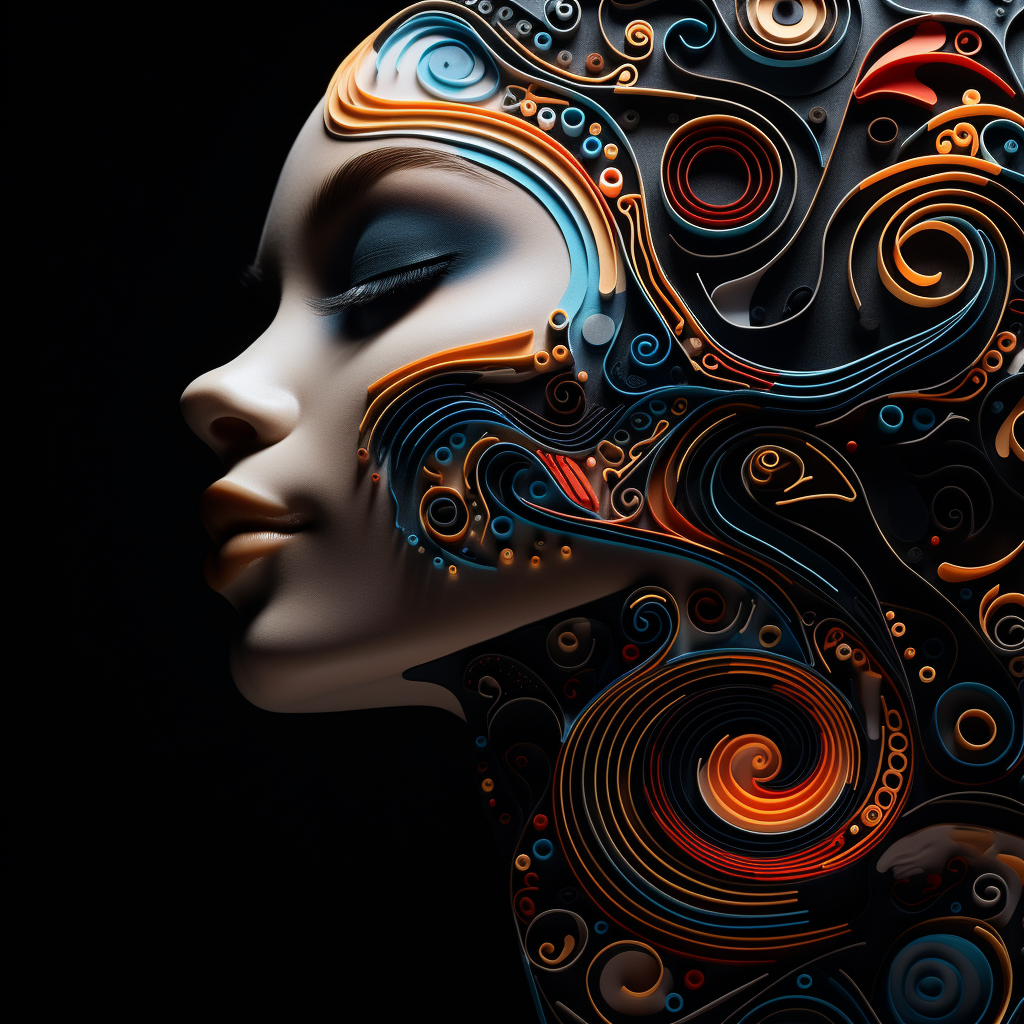 Happy abstract female face with fractals on plain background