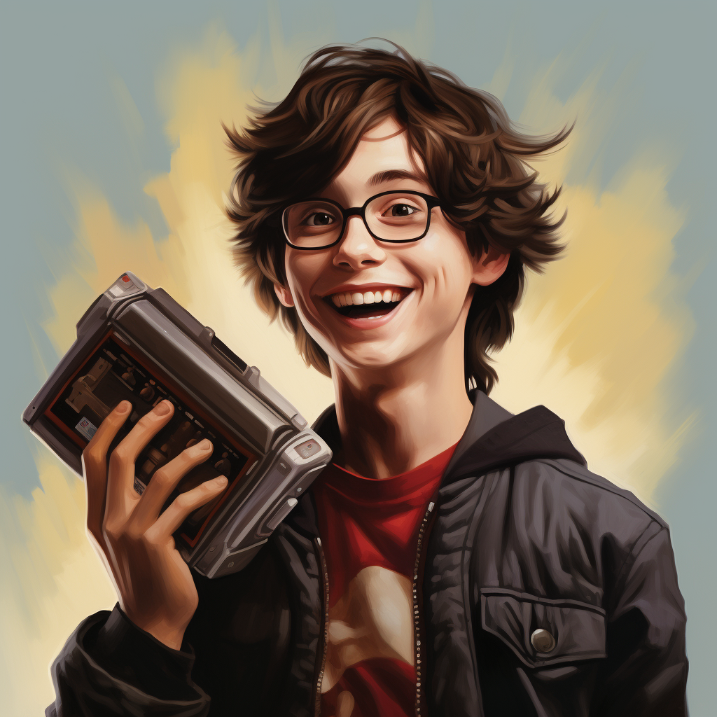 Smiling brunette teenage boy holding a battery